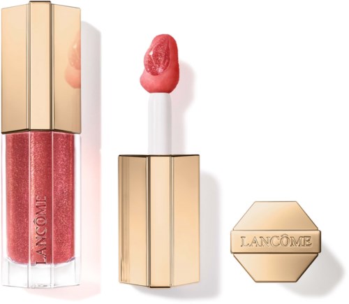 Lancôme huulikiilto kultaisella kannella ja applicaattorilla, samanvärinen kultainen kotelo.