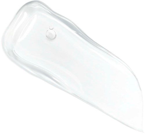 A clear, gel-like substance with a small bubble inside, shaped roughly like a teardrop.