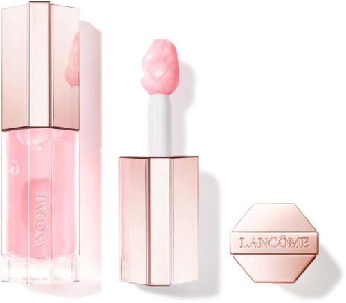 Pink lipstick tube, with the cap off showing pink lip gloss applicator and a small round pink item with "Lanc2me" written on it.