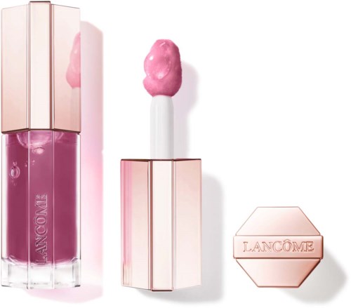 Lancôme lip gloss with pink shade, open tube, and small pink compact. Elegant and feminine design.