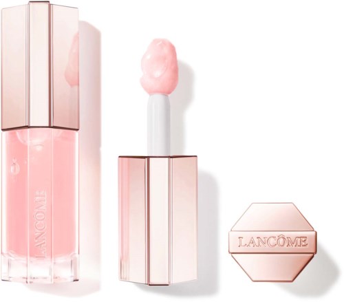 Lip gloss tube, applicator, and small compact with Lancôme branding in pink shades.