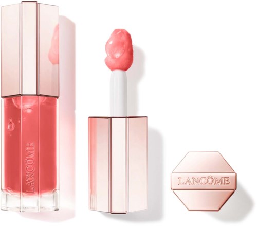 A pink lipstick container, lipstick inside, and a small hexagon-shaped box with the word 'Lanc 6me' on it.