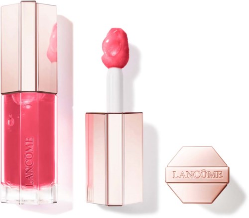Lip gloss tube, wand with pink lip gloss, and round container. All are in light pink and white colors.