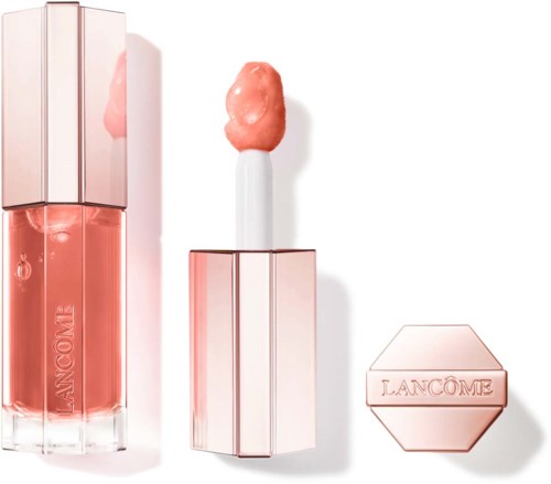 Lip gloss with a pink shade, applicator wand, and compact case. Elegant, minimal design. Brand is Lanc f4me.