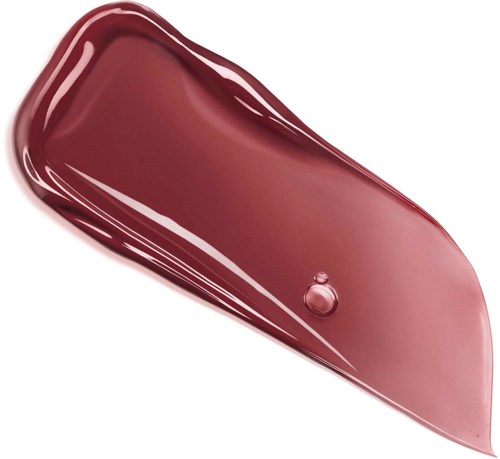 A glossy, curved swatch of pinkish lipstick with a drop, showing shiny finish and smooth texture.