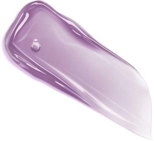 A swirl of purple and clear gel with a small bubble on a white background.