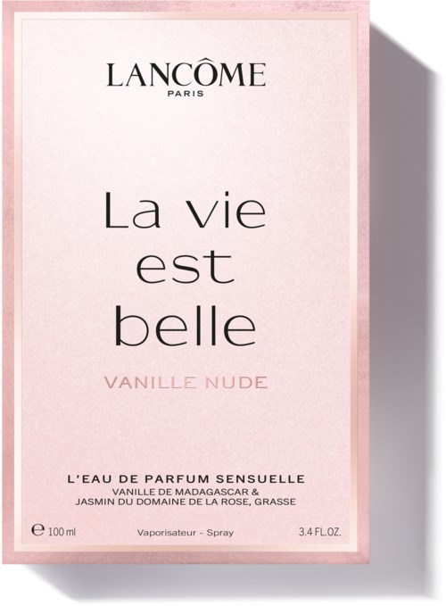 Ein rosa Parfümkarton mit schwarzem und pinkem Text, bewirbt 'La vie est belle' Vanille Nude Duft, 100 ml, Spray.