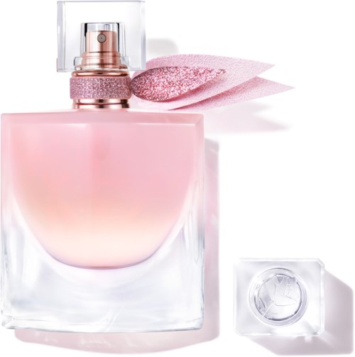 A pink perfume bottle with a spray top, a pink ribbon, and a clear block. Elegant and luxurious style.