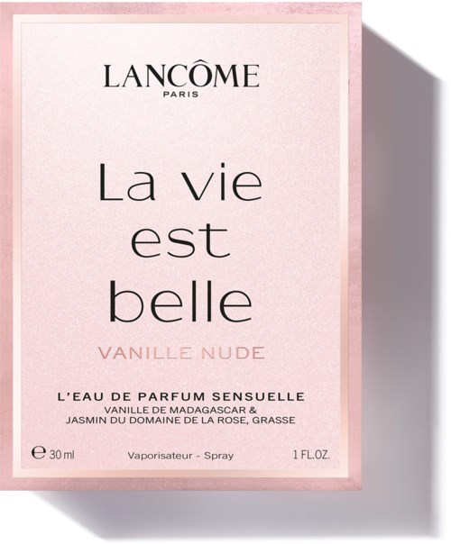 Lancôme perfume box with pink and white colors, text highlighting vanilla scent and 30ml size.