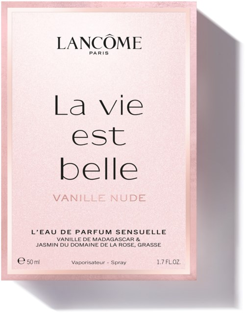 Lancôme parfumdoos met roze en zwarte tekst, geur genaamd Vanille Nude, 50 ml.