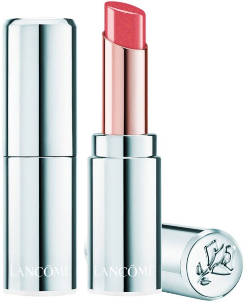 Ett silver läppstiftfodral med rosa läppstift inuti och märket Lancome längst ner.