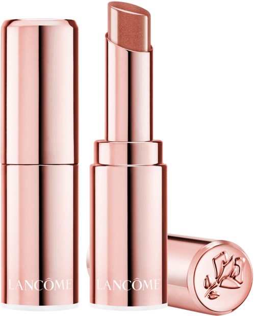 En beige läppstift i ett glänsande roséguldsfodral med 'Lancome' skrivet på, och en lock med en roslogga.