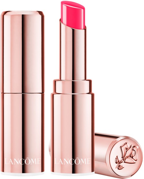Rosa läppstift i en glänsande, gyllene tub med ett lock bredvid. Märket 'Lancôme' är synligt.