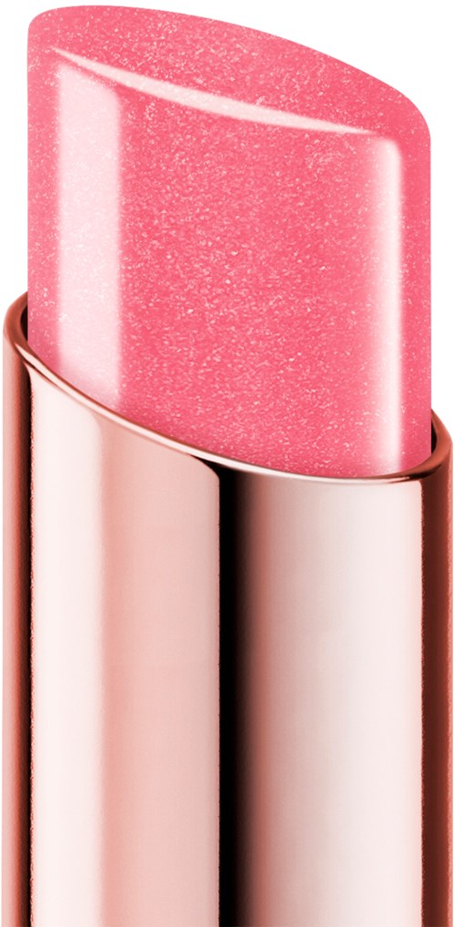 En rosa läppstift med glänsande, något texturerad yta i ett metallfack.