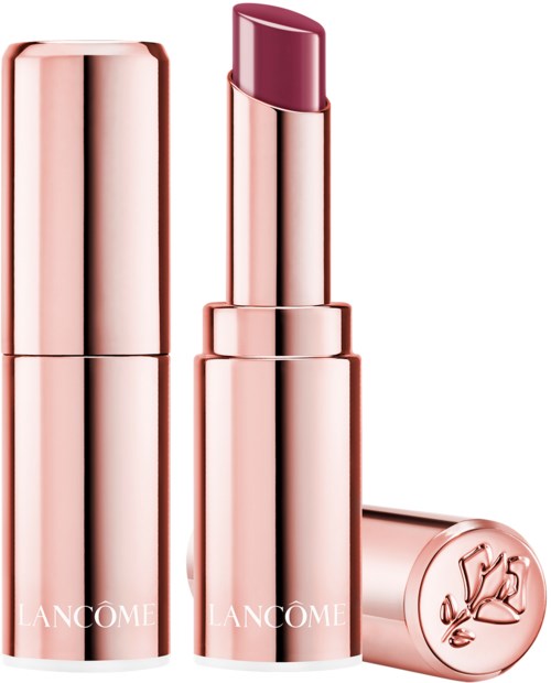 En rosa leppestift i et skinnende gullsklokke med Lancôme-logoen, delvis åpen.