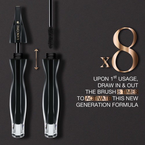 Lancôme mascara med instruktioner för att använda och bygga upp 8 gånger för bästa resultat.