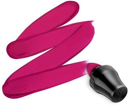 Pink läppstiftsnedsmuts med svart lock och glansig finish.