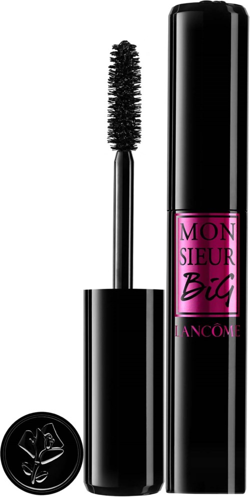 A black mascara tube with pink label and wand, designed for eyelash makeup.