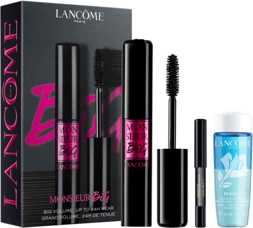 Skönhetsprodukter för ögonfransar och läppar i ett svart och rosa set, inkluderar mascara, läppglans och ögonmakeupremover.