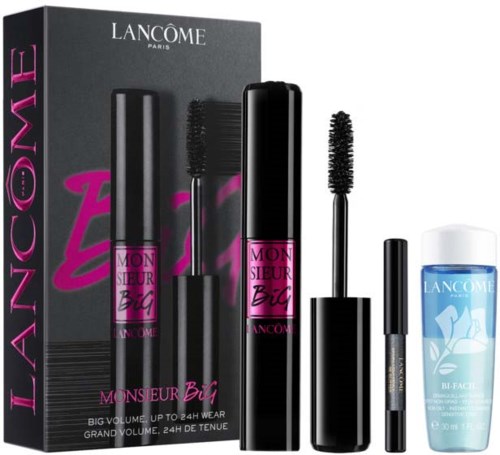 Lancôme mascara med eske, børste og liten flaske Bi-Facil sminkfjerner.