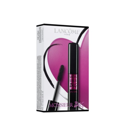 En mascara med rosa bakgrund och svart/vit förpackning, märkt 'Monsieur Big' av Lancôme.