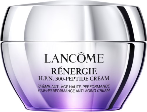 En krukke af Lancôme Rénergie H.P.N. 300-Peptide Cream med en sølv og lilla design.