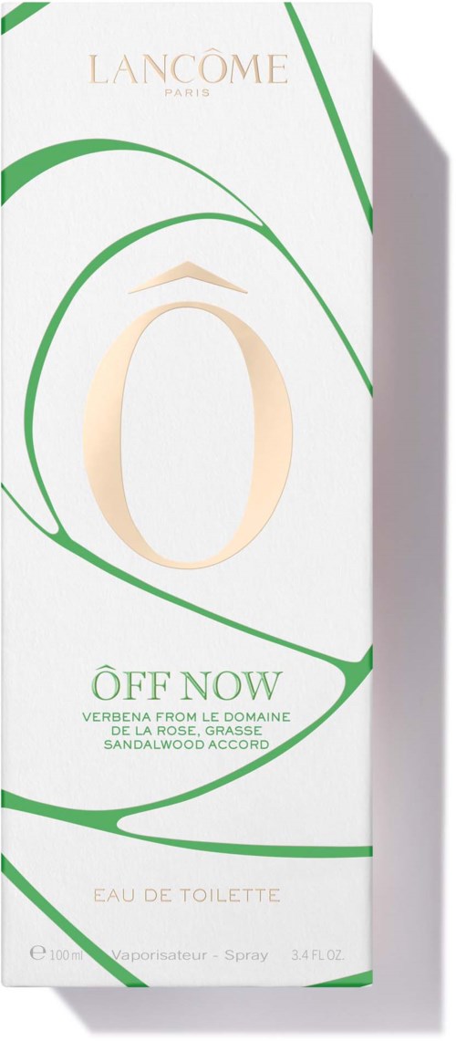 Eine weiße Verpackung mit grünen Linien und einer großen goldenen Null, gekennzeichnet mit 'OFF NOW' und 'Eau De Toilette'.