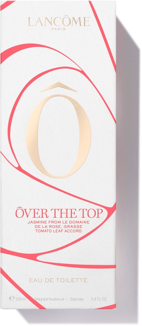 Lancôme-logo met rode spiraalontwerpen, witte achtergrond en tekst over een parfum genaamd "Over the Top."