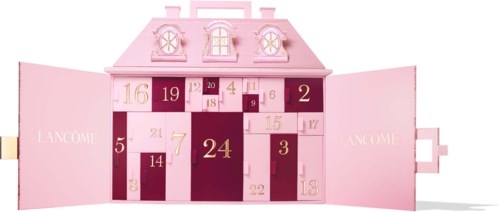 Lancôme sminke-adventskalender med nummererte dører og rosa emballasje.