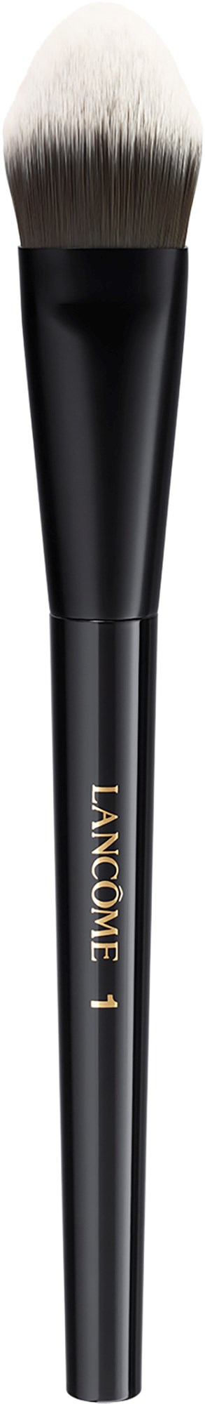 En svarthandlad makeupborste med vita borst, märkta 'LANCÔME 1' i guld, på en svart bakgrund.
