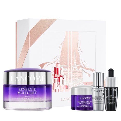 Lancôme hudpleiesett som inneholder kremer og serum i lilla og sølv beholdere med gaveeske.