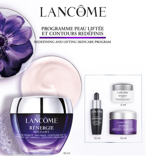 Lancôme Hautpflege-Set mit Cremes, Serum und Entferner in Lila und Silber, für Lifting und Konturierung.