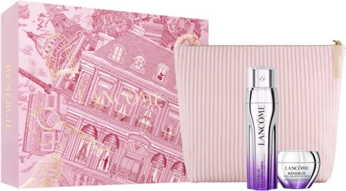 Lancôme hudvårdsset med en lång flaska och liten burk, rosa randig kosmetväska och rosa stadshuslåda.