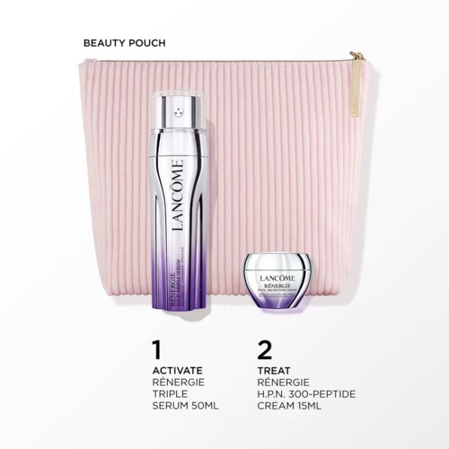 Lancôme hudvårdsset med en rosa randig necessär, inklusive Activate Rénergie Triple Serum 50ml och Rénergie H.P.N. 300-Peptide Cream 15ml.