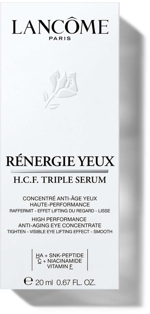 Förpackning med Lancôme Rénergie Yeux ögonserum, vit med svart och grå text, visar produktdetaljer och fördelar.