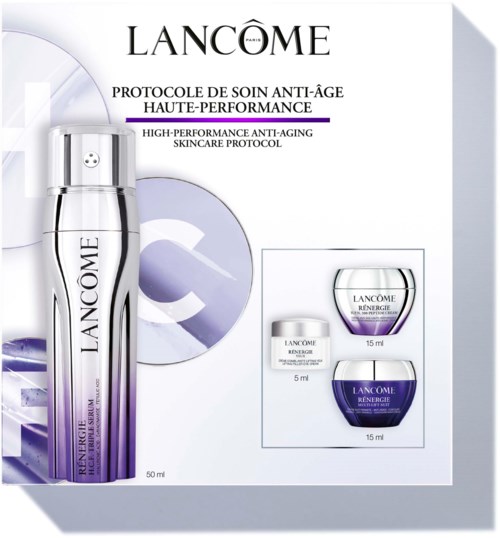 Lancôme hudvårdsprodukter för anti-aging, inklusive en stor flaska och två mindre burkar, med vit och lila design.
