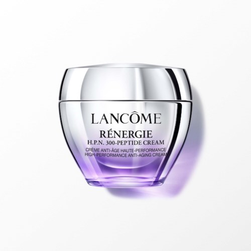 Fioletowy i srebrny słoik kremu przeciwstarzeniowego Lancôme Rénergie z srebrnym wieczkiem.
