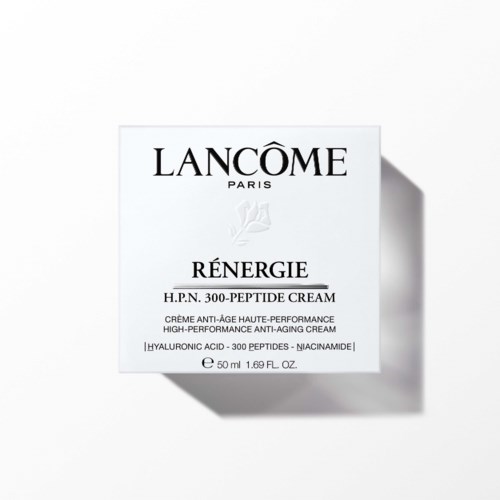 Białe opakowanie z czarnym tekstem prezentuje Lancôme RÉNERGIE krem przeciwstarzeniowy.