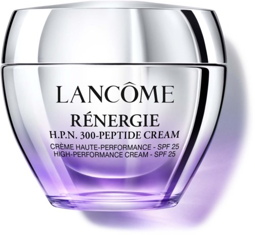 Słoik kremu Lancôme Rénergie, fioletowy i srebrny pojemnik z czarnym tekstem, silny produkt do pielęgnacji skóry z SPF 25.
