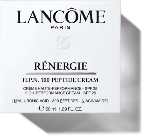Pudełko pokazuje Lancôme Rénergie H.P.N. 300-Peptide Cream, wysokowydajny produkt pielęgnacyjny do skóry z SPF 25 i czarnym tekstem.