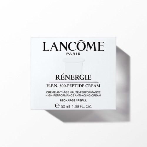 Lancôme Rénergie-krämlåda med svart text på vit bakgrund, skuggad och delvis öppen på sidan.