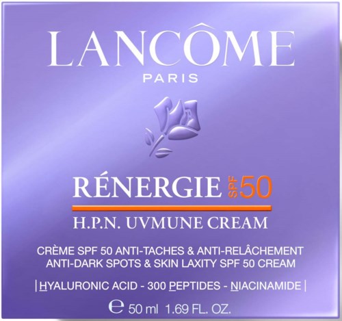 Lila box för Lancome ansiktskräm med SPF 50, nämner ingredienser, storlek 50 ml.