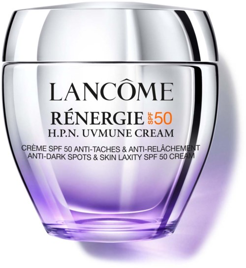 Säilykepurkki Lancômen SPF 50 -aurinkovoiteella, sisältää anti-tummarupeaa ja ihon löysyyttä.