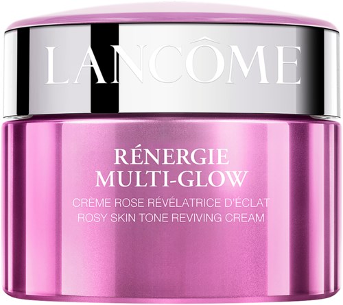 En rosa krukke med sølvlokk som viser merkevaren 'LANCÔME' og produktnavnet 'RÉNERGIE MULTI-GLOW'.
