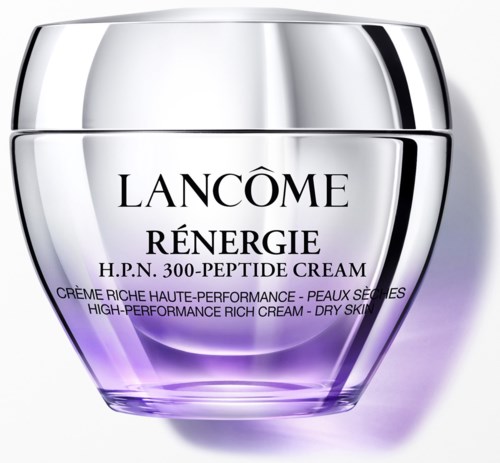 En burk Lancôme Rénergie H.P.N. kräm med silver och lila färg, märkt som högpresterande rik kräm för torr hud.
