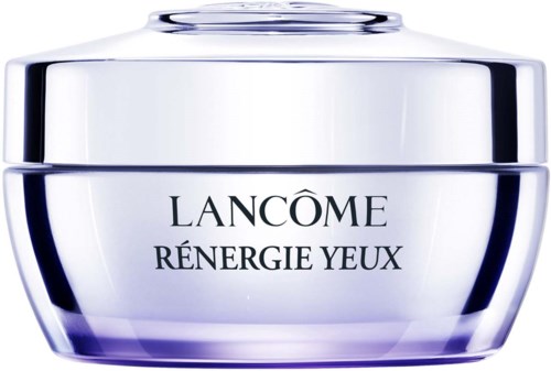 Ein silberner und lila Glas mit Lancôme-Augencreme, glänzend und rund.