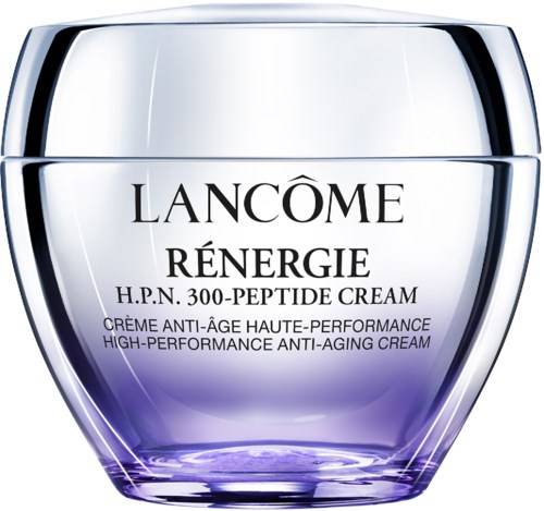 Högkvalitativ vit och lila burk med Lancôme Rénergie H.P.N. 300-Peptide Cream etikett för anti-aging hudvård.