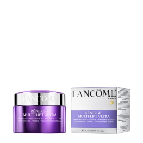 A purple jar of Lancôme skin cream and its white box with product details are displayed.