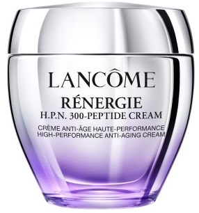 Een pot Lancôme Rénergie H.P.N. 300-Peptide Creme voor anti-aging. Zilveren deksel, paarse container en zwarte tekst.
