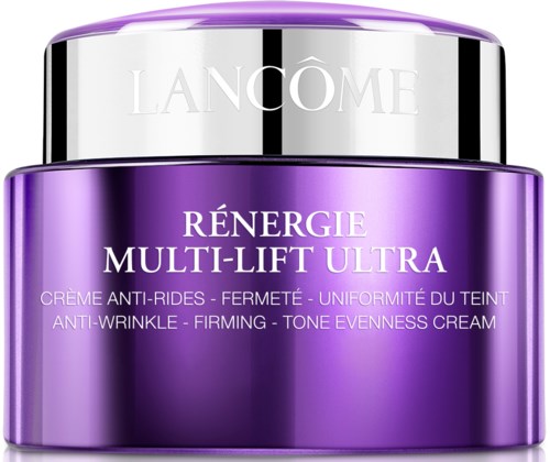 Det är en lila burk med anti-rynkkräm med silverlock från Lancôme, märkt RÉNERGIE MULTI-LIFT ULTRA.